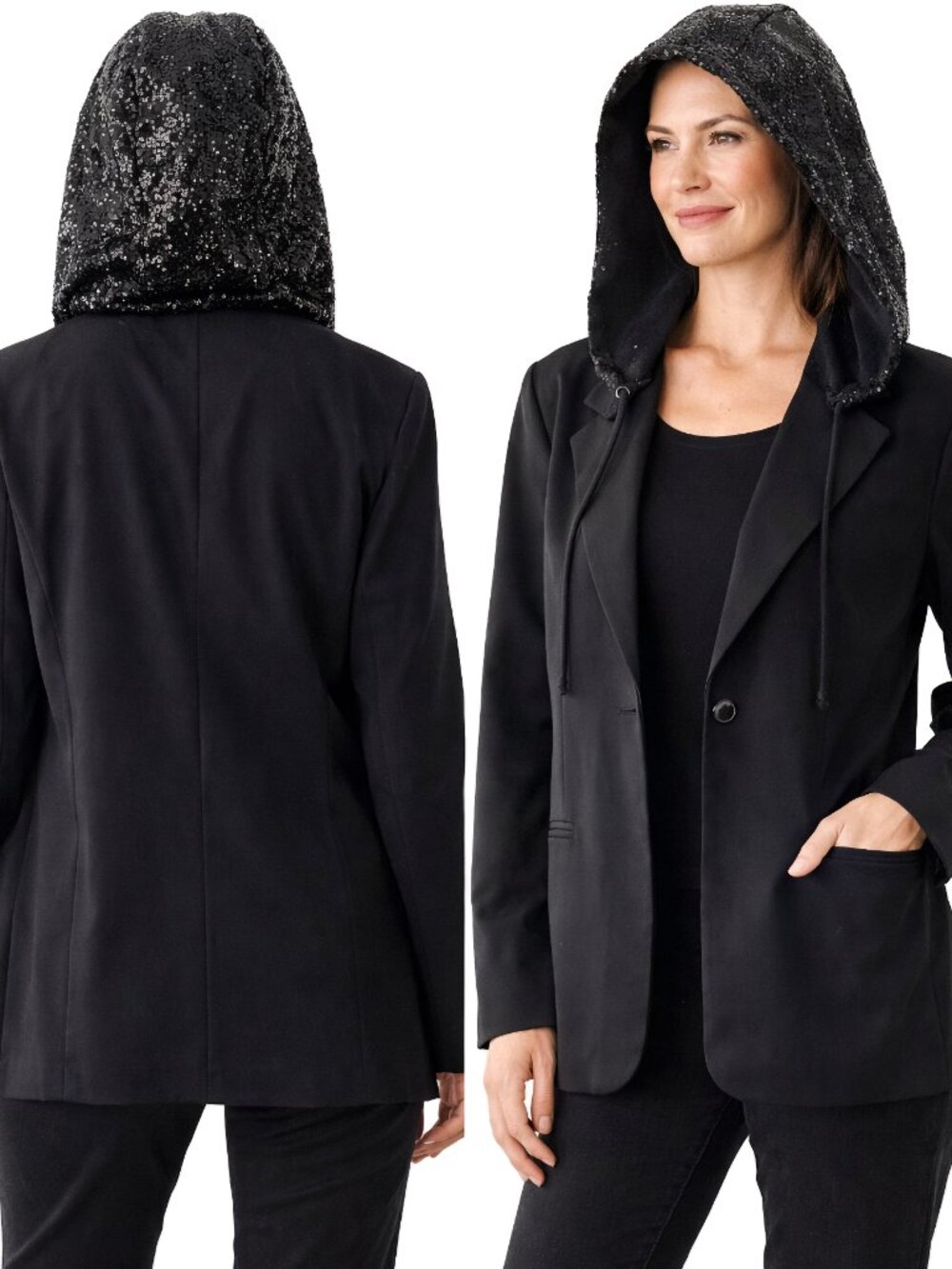 Belle Kim Gravel Sequin Hood Blazer Black Stretch Jacket Size L